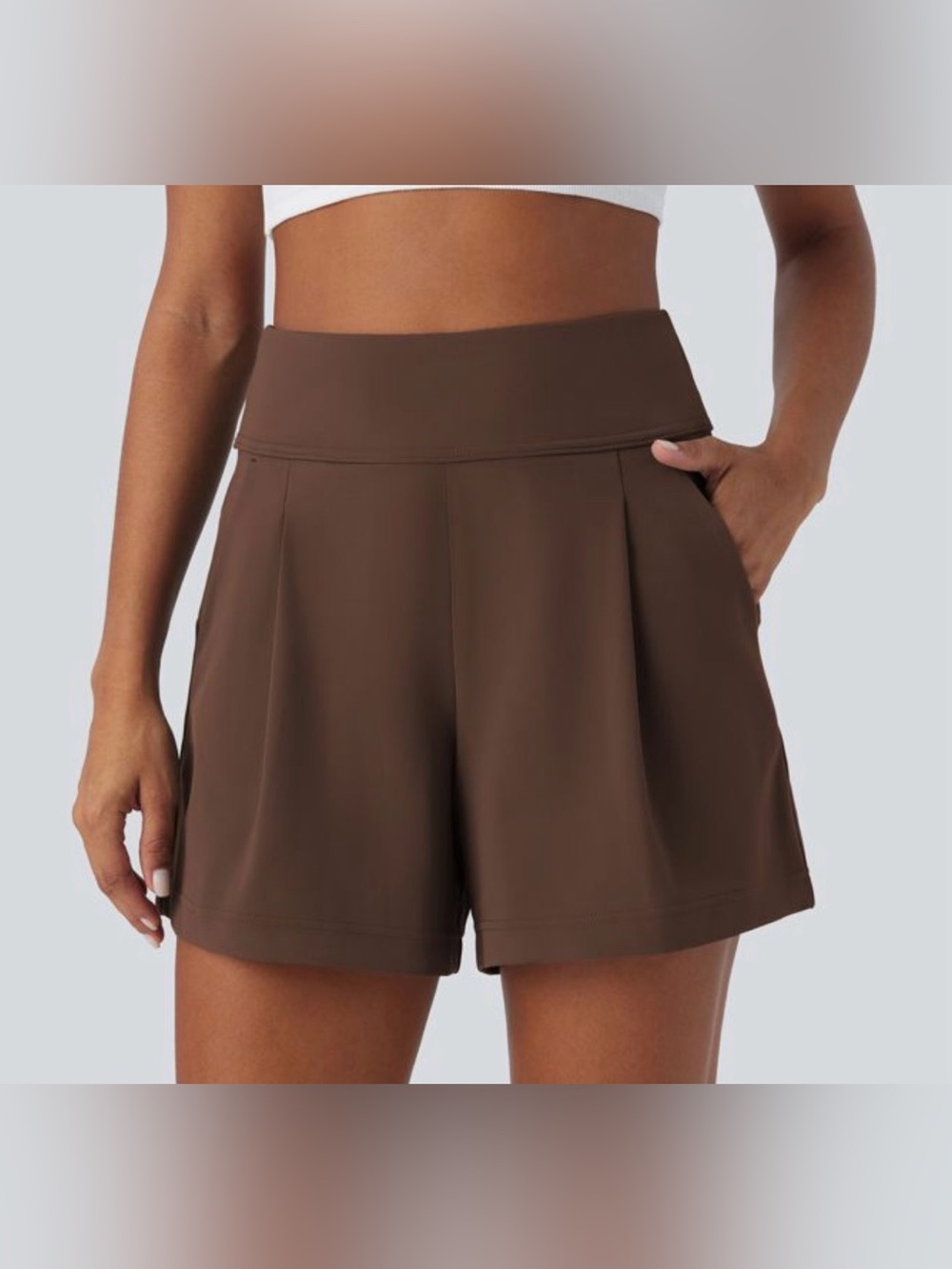 HALARA Women’s DayStretch High Waist Work Baggy Shorts, Autumn Chestnut, Pockets
